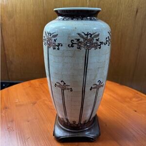 Vintage Japanese Porcelain Tall Ceramic Vase on Wooden Stand